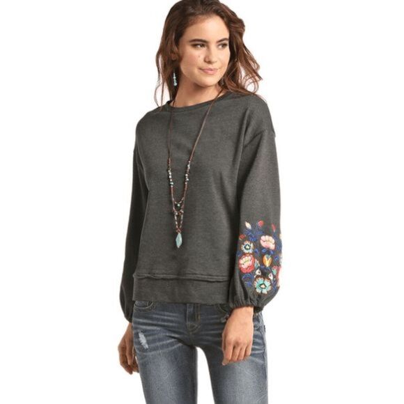 Rock & Roll Cowgirl Tops - Rock & Roll Long Sleeve Floral Embroidered Puff Sleeve Top Size XL